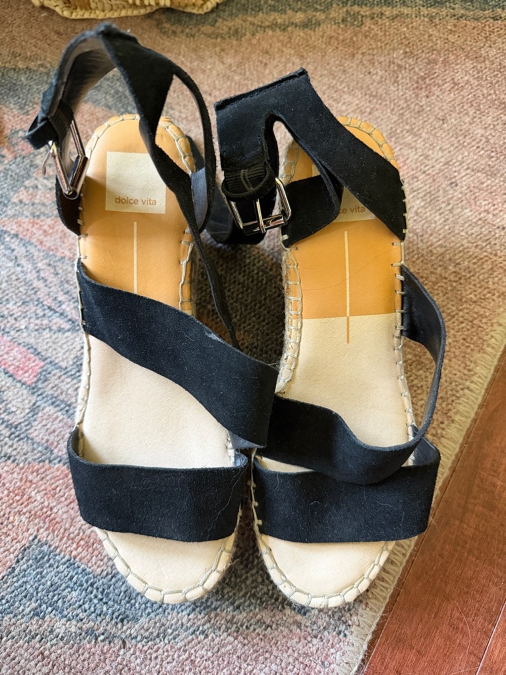 Dolce Vita Black Suede Espadrille Wedge Sandals with Ankle Buckle